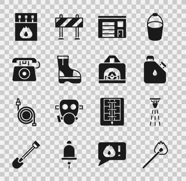 Set Burning match with fire, Fire sprinkler, Canister fuel, Building of station, boots, Telephone call 911, Matchbox and matches and Interior fireplace icon. Vector