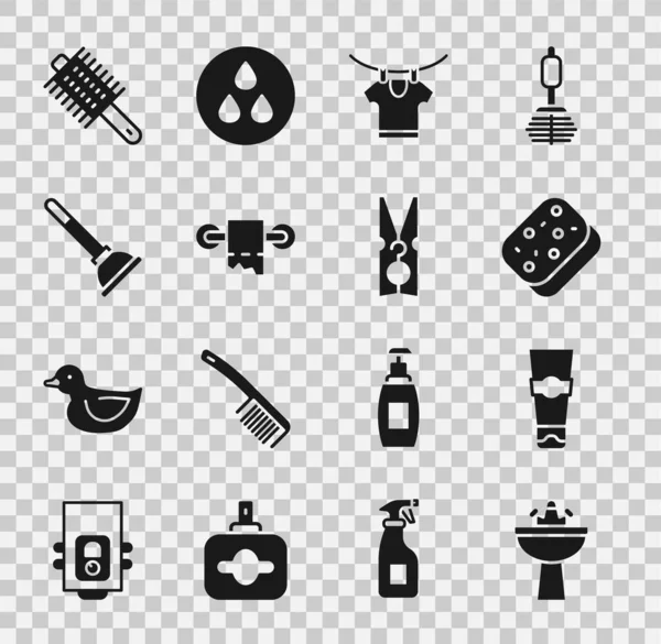Set Washbasin with water tap, Tube of toothpaste, Sponge, Drying clothes, Toilet paper roll, Rubber plunger, Hairbrush and Clothes pin icon. Vector