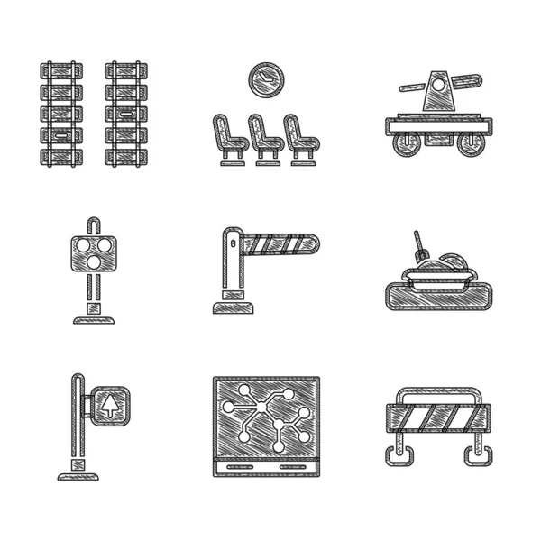 Set Railway barrier, map, Road, Plate with food, traffic signpost, Train light, Draisine or handcar and Railway, railroad track icon. Vector