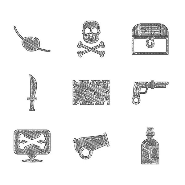 Set Pirata Mapa Del Tesoro Cañón Bebida Alcohólica Ron Pistolas — Archivo Imágenes Vectoriales