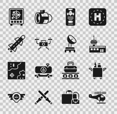 Set Helicopter, Trolley for food, Airport control tower, Mobile with ticket, Drone flying, Rocket, Radar targets monitor and  icon. Vector
