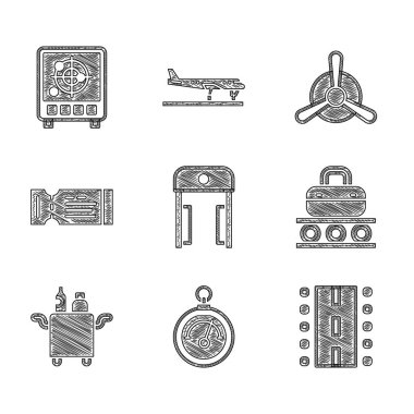 Set Metal detector in airport, Barometer, Airport runway, Conveyor belt with suitcase, Trolley for food, Airline ticket, Plane propeller and Radar targets monitor icon. Vector