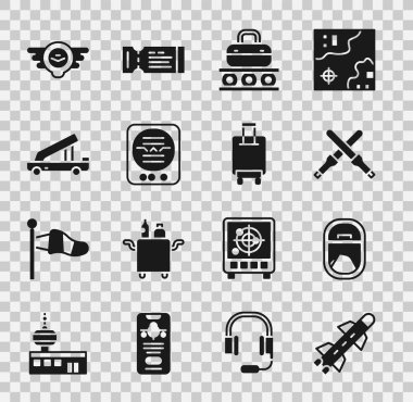 Set Rocket, Airplane window, Marshalling wands, Conveyor belt with suitcase, Attitude indicator, Passenger ladder, Aviation emblem and Suitcase icon. Vector
