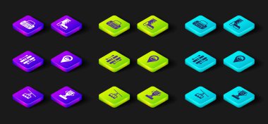 Set Cable car, Award cup, Ski and sticks, Location with mountain, Waterproof rubber boot and Sport bag icon. Vector