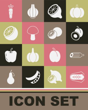 Set Cabbage, Fresh cucumber, Plum fruit, Lemon, Mushroom, Orange, Carrot and  icon. Vector