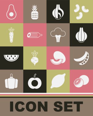 Set Orange fruit, Green peas, Onion, Fresh cucumber, Carrot, Avocado and Broccoli icon. Vector