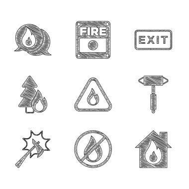 Set Fire flame in triangle, No fire, burning house, Firefighter axe, Burning forest tree, exit and Telephone call 911 icon. Vector