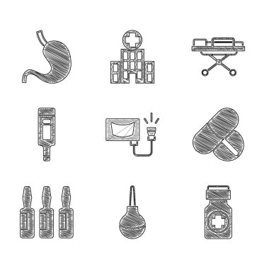 Set Ultrasound, Enema, Medicine bottle and pills, or tablet, Medical vial, ampoule, Digital thermometer, Stretcher and Human stomach icon. Vector