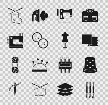 Set Crochet hook, Thimble for sewing, Textile fabric roll, Sewing machine, button, Knitting needles and Mannequin icon. Vector