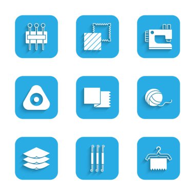 Set Textile fabric roll, Crochet hook, Hanger wardrobe, Yarn ball, Layers clothing textile, Sewing chalk, machine and Needle for sewing icon. Vector