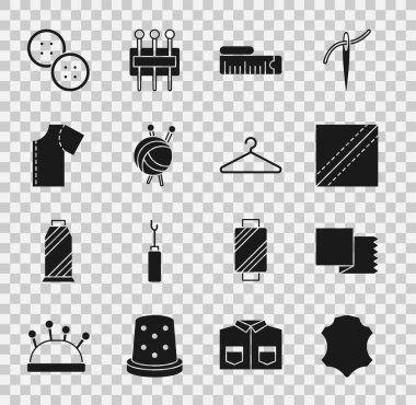 Set Leather, Textile fabric roll, Tape measure, Yarn ball with knitting needles, Sewing pattern, button and Hanger wardrobe icon. Vector