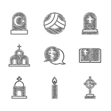 Mezarı haç, yanan mum, kutsal kitap, eski mahzen, kilise binası, mezar taşı ve Müslüman mezarlığı ikonu ile donatın. Vektör