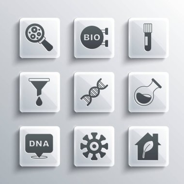 Set Bacteria, Eco friendly house, Test tube and flask, DNA symbol, Funnel or filter, Microorganisms under magnifier and  icon. Vector