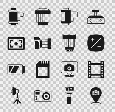 Set Photo camera, Camera roll cartridge, Exposure compensation,  and photo lens icon. Vector
