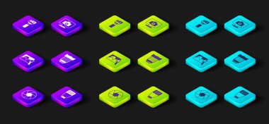 Set Camera shutter, Photo camera flash, retouching, photo lens,  and Action icon. Vector