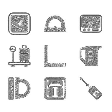 Set Corner ruler, Bathroom scales, Laser distance measurer, Measuring cup, Protractor and, Scale with suitcase, instrument and Clock icon. Vector