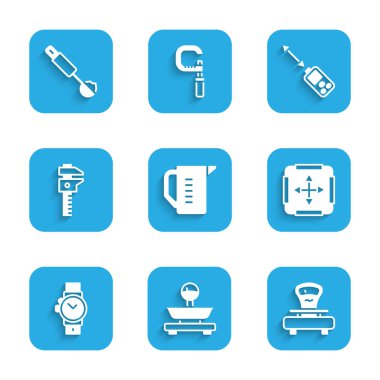 Set Measuring cup, Scales, Area measurement, Wrist watch, Calliper or caliper and scale, Laser distance measurer and spoon icon. Vector
