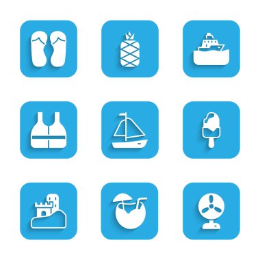 Set Yacht sailboat, Coconut cocktail, Electric fan, Ice cream, Sand castle, Life jacket, Cruise ship and Flip flops icon. Vector