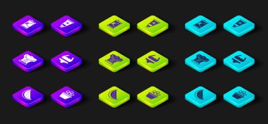 Set Watermelon, Ice bucket, Bodybuilder muscle, Swimsuit, Sunscreen cream in tube and Soda can icon. Vector