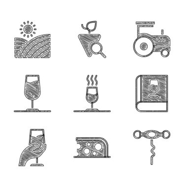 Set Wine tasting, degustation, Cheese, corkscrew, Book about wine, glass, Tractor and Vineyard grapes icon. Vector