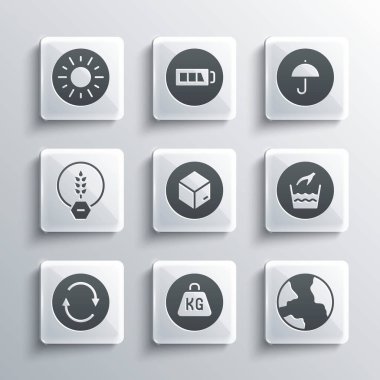 Set Weight, Worldwide, Hand wash laundry, Carton cardboard box, Recycle symbol, Gluten free grain, Sun and Delivery package with umbrella icon. Vector