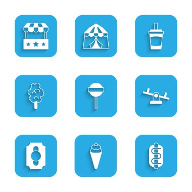 Set Lollipop, Ice cream in waffle cone, Hotdog sandwich, Seesaw, Circus ticket, Cotton candy, Paper glass with water and Ticket box office icon. Vector
