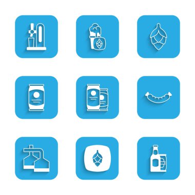 Set Beer can, Hop, bottle and beer, Sausage, brewing process,  and tap with glass icon. Vector