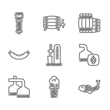 Set Beer tap with glass, Glass of beer, Dried fish, brewing process, Sausage, Wooden barrel and Bottle opener icon. Vector