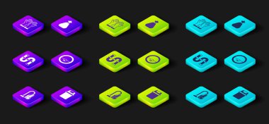 Set Vacuum cleaner, Trash can, Industry metallic pipe, Robot vacuum, Garbage bag and Rubber gloves icon. Vector