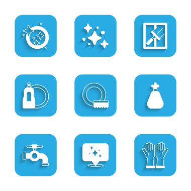 Set Washing dishes, Home cleaning service, Rubber gloves, Garbage bag, Water tap, Dishwashing liquid bottle, cleaner for windows and  icon. Vector