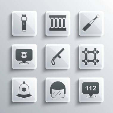Set Police helmet, Telephone call 112, Prison window, rubber baton, British police, badge, electric shocker and Telescopic icon. Vector