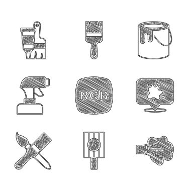 Set RGB, Spray can nozzle cap, Paint spray, brush, gun, bucket and Tube with paint and icon. Vector