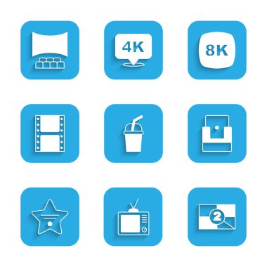 Set Paper glass with water, Retro tv, Old film movie countdown frame, Cinema chair, Walk of fame star, Play video, 8k Ultra HD and auditorium screen icon. Vector