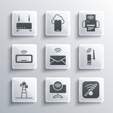 Set Smart Tv system, No Wi-Fi wireless internet, Usb adapter, Mail and e-mail, Satellite dish, Computer keyboard, Router wi-fi signal and printer icon. Vector