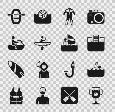 Set Award cup, Swimmer, Swimming pool with ladder, Wetsuit for scuba diving, Kayak and paddle, Jet ski, Boat oars and Windsurfing icon. Vector