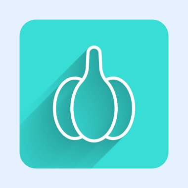 White line Garlic icon isolated with long shadow. Green square button. Vector.