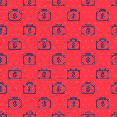 Mavi çizgi evrak çantası ve para ikonu kırmızı arka planda izole edilmiş kusursuz desen. İş ilanı. İş portföyü. Vektör.