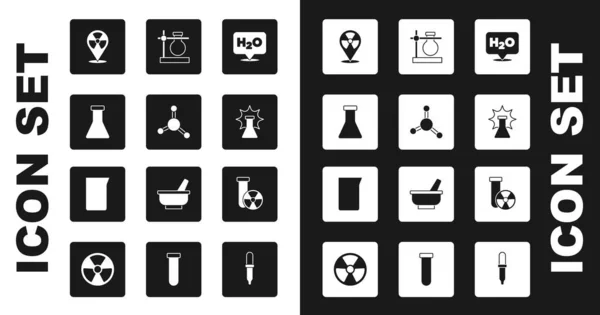 设置H2O 试管和瓶瓶 放射性位置 辐射和实验室玻璃器皿烧杯图标的化学配方 — 图库矢量图片