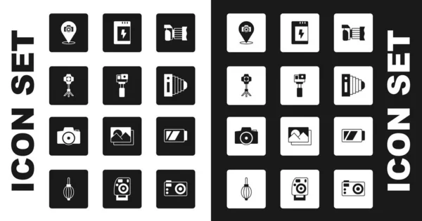 Set Photo Camera Action Softbox Light Battery Icon Vector — Image vectorielle