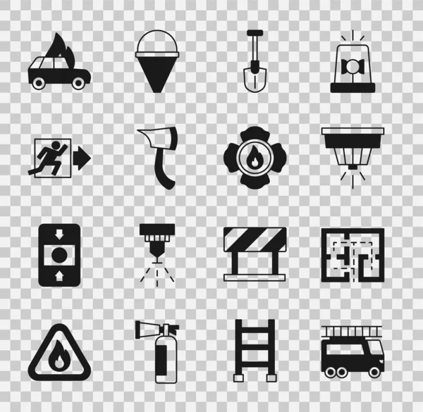 Установите Пожарную Машину План Эвакуации Систему Пожарной Сигнализации Лопату Пожарный — стоковый вектор