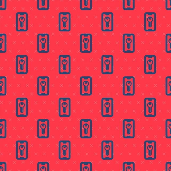 Blue line Smart key icon isolated seamless pattern on red background.  Vector.