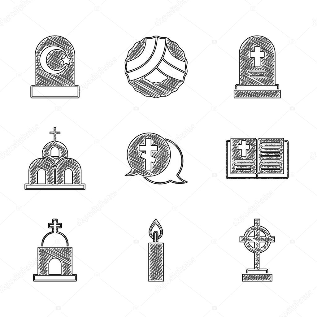 Set Grave with cross, Burning candle, Holy bible book, Old crypt, Church building, tombstone and Muslim cemetery icon. Vector