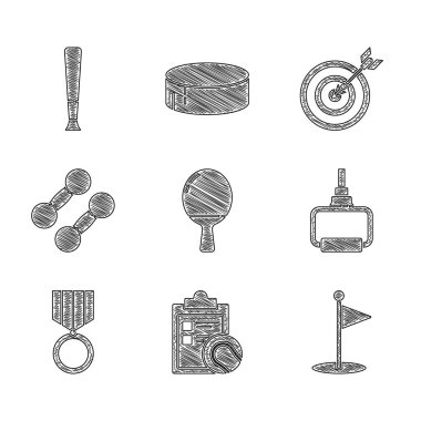 Set Racket for playing table tennis, Checklist clipboard and ball, Golf flag, TPX loop training equipment, Medal, Dumbbell, Target with arrow and Baseball bat icon. Vector