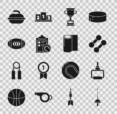 Set Fencing, TPX loop training equipment, Dumbbell, Award cup, Checklist clipboard and tennis ball, American Football, Stone for curling sport game and Fitness mat roll icon. Vector