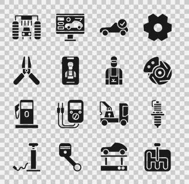 Set Gear shifter, Car spark plug, brake disk with caliper, Auto service check automotive, Online car services, battery jumper power cable, wash and mechanic icon. Vector