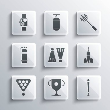 Set Award cup, Baseball bat, Dart arrow, Rubber flippers for swimming, Billiard balls rack triangle, Aqualung, Smart watch showing heart beat rate and Tennis racket icon. Vector