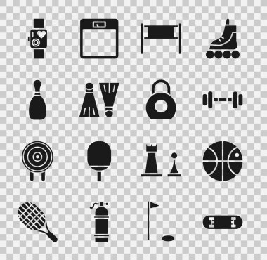 Set Skateboard trick, Basketball ball, Dumbbell, Volleyball net, Rubber flippers for swimming, Bowling pin, Smart watch showing heart beat rate and Kettlebell icon. Vector
