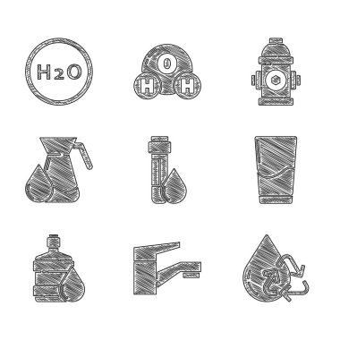 Set Test tube with water drop, Water tap, Recycle clean aqua, Glass, Big bottle, Jug glass, Fire hydrant and Chemical formula for H2O icon. Vector