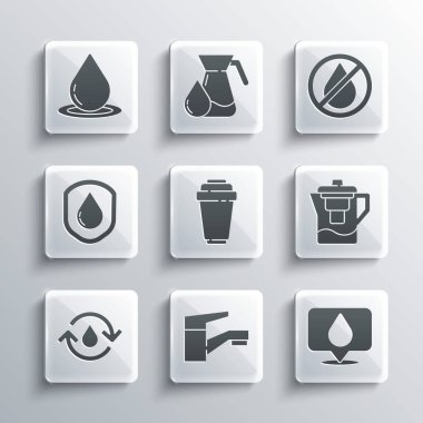 Set Water tap, drop with location, jug filter, cartridge, Recycle clean aqua, Waterproof, and forbidden icon. Vector