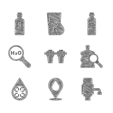 Set Water filter, drop with location, Mechanical pump for water, Big bottle clean, Defrosting, Chemical formula H2O, Bottle of and icon. Vector